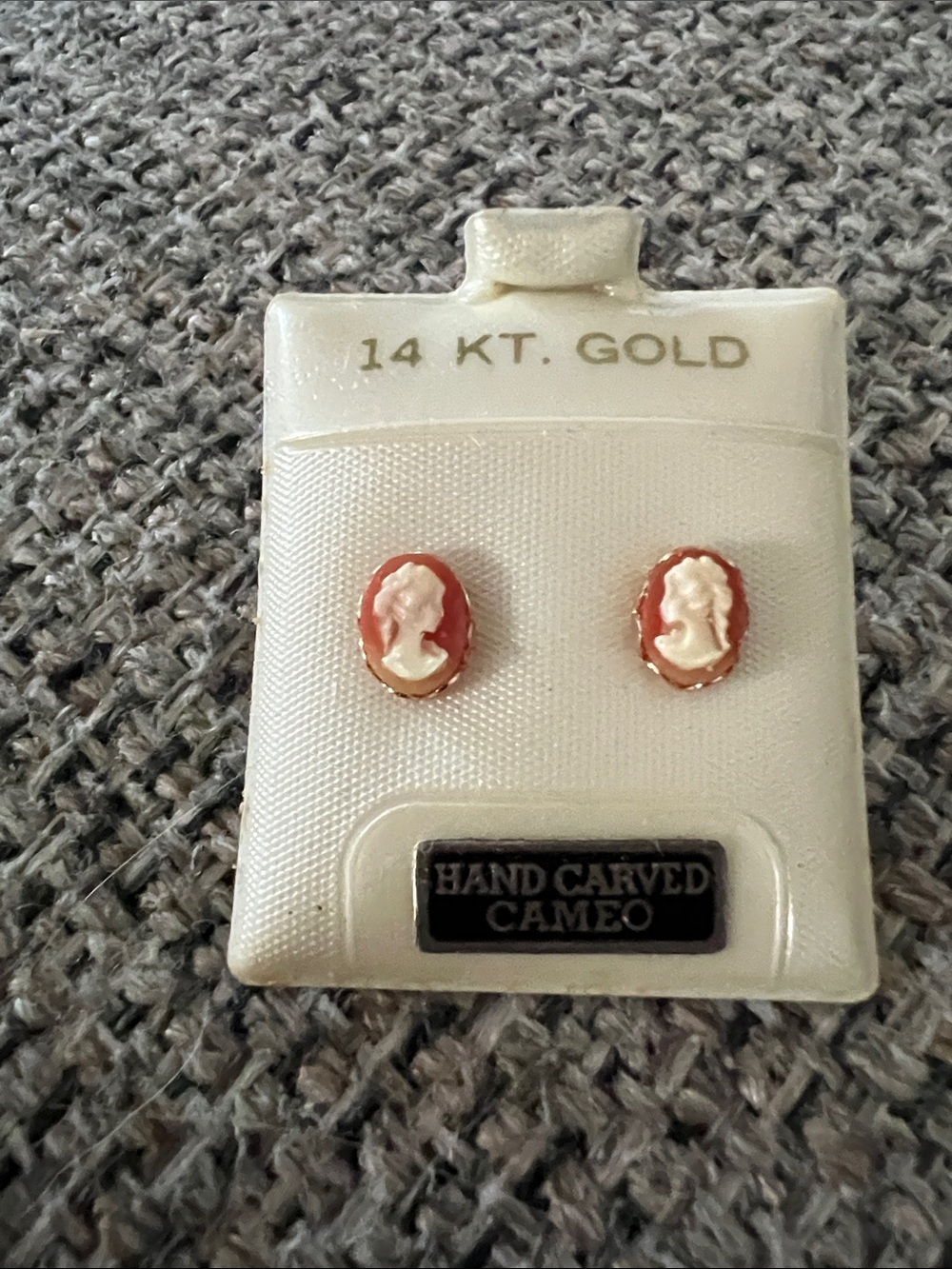 Hand Carved Cameo 14kt Gold Coral and Cream Stud Earrings